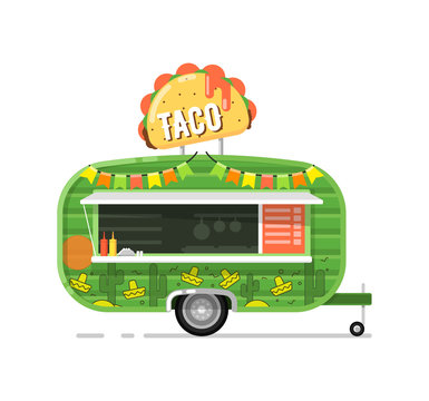 Taco outdoor cafe service icon. Street fast food truck, takeaway restaurant, urban catering, market in street isolated vector illustration in flat style.