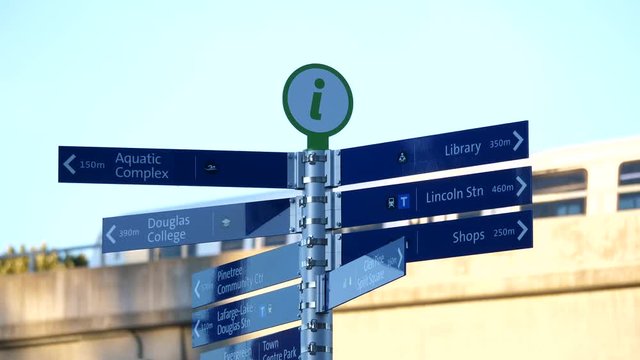Motion of city direction information sign with blur skytrain passing background