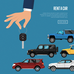 Rent a car poster with city car and hand holding auto key. Transport service, online pre order car vector illustration. Auto business, test drive, automobile selling, leasing or renting car banner