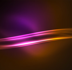Energy lines, glowing waves in the dark, vector abstract background