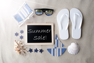 Sunny Blackboard On Sand With Text Summer Sale