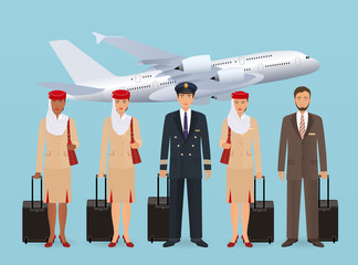 Muslim pilot and stewardesses characters in uniform standing on flying aircraft background. Aviation employee concept. © generationclash