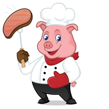 Chef pig cartoon mascot grilling pork