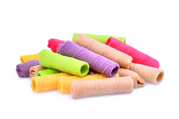 pile of colorful coconut-biscuit curl, thai dessert isolated on white background