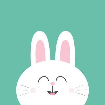 White bunny rabbit with long ears. Cute cartoon smiling character. Baby greeting card. Happy Easter sign symbol. Green background. Flat design.