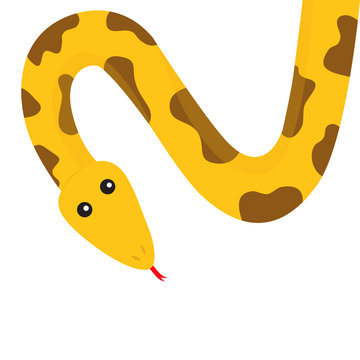Yellow python snake red tongue. Golden crawling serpent with brown spot. Cute cartoon character. Flat design. White background. Isolated.