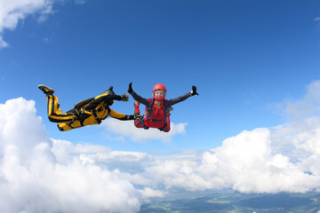 Two skydivers are in the sky.