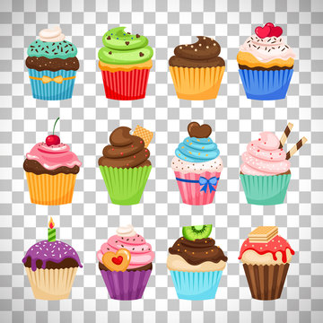 Delicious cupcakes set on transparent background