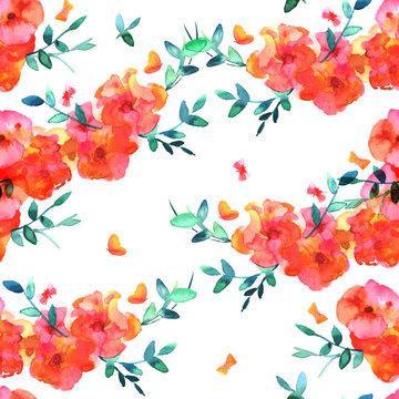 Seamless pattern, abstract watercolor butterflies and flowers