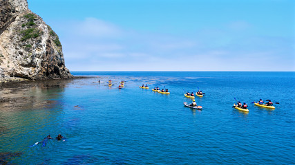 Large group of ocean kayakers