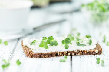 Cream Cheese topped with fresh Cress (selective focus)