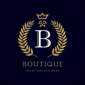 Luxury boutique crown key letter "B" monogram logo. Laurel elegant beautiful round logo with crown and key. Vector letter emblem sign B for Royalty, Restaurant, Boutique, Hotel, Heraldic, Jewelry