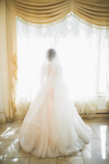 Gorgeous happy luxury brunette bride near a window on the background of vintage room