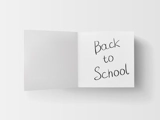 Realistic 3d stack of white stickers with the open page with inscription back to school