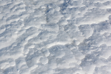 Snow background on a frozen river surface in the winter