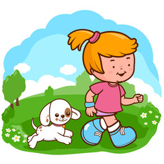 Obraz na płótnie Canvas A little girl and her dog running at the park. Vector illustration