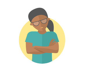 Offended black girl in glasses. Insult emotion. Flat design sign. Abused woman. Simply editable isolated on white vector illustration