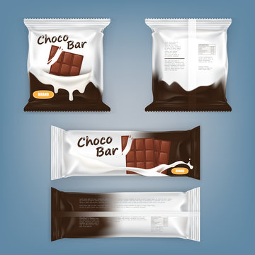 Set of vector illustrations of packing for chocolate bars, front and back, isolated. Used as a package template, design element