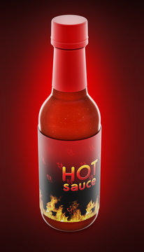 Hot pepper sauce bottle isolated on red background. 3D illustration