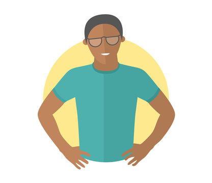 Resolute handsome black man in glasses. Flat design icon. Decisive boy with arms akimbo. Simply editable isolated vector illustration