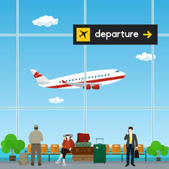 Obraz na płótnie Canvas Waiting Room with People, Airplane Takes Off from the Airport , Scoreboard Departures from Airport, Travel Concept, Flat Design, Vector Illustration