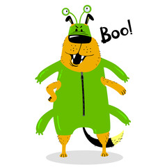 Halloween dog character in the costume of a space alien.