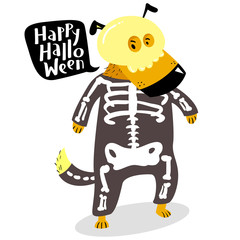 Halloween dog character in skeleton costume with skull and bones. Happy Halloween lettering