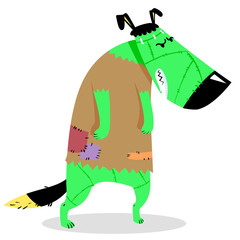 Halloween dog character in costume of Frankenstein monster.