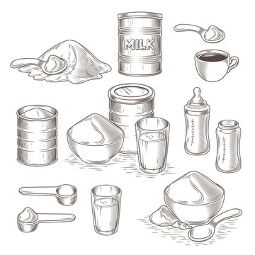 Vector set of engraving illustration of milk powder in an aluminum can and poured into a bowl, a glass with prepared instant milk, baby bottle and the addition of milk powder into a cup of tea, coffee
