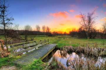 Beautiful sunset in polder park Cronesteyn in Leiden, the Netherlands. HDR