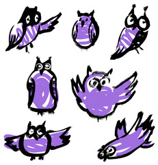Sketchy owls set. Artistic hand-drawn birds collection.