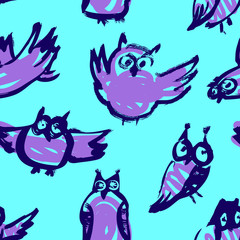 Background with sketchy owls. Seamless pattern with doodle owls.