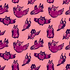  Seamless pattern with doodle owls. Vector ink illustration