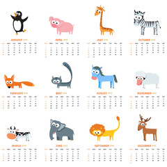 Monthly calendar 2018 with cute animals