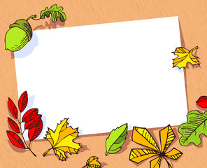 Fall season banner. Autumn frame with bright leaves and acorn.