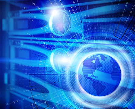 series disk storage disks of the mainframe in data center with hi speed internet technology with 3d planet earth background illustration