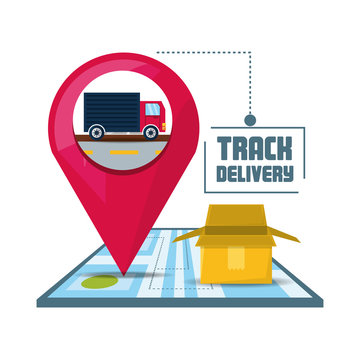 map with ubication symbol and trunk with box