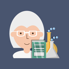 woman teacher chemistry with book and erlenmeyer flask