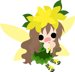 The illustration of yellow flowers and a cute fairy
