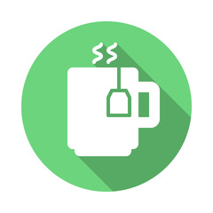 Tea mug with tea bag flat icon. Round colorful button, circular vector sign with long shadow effect. Flat style design