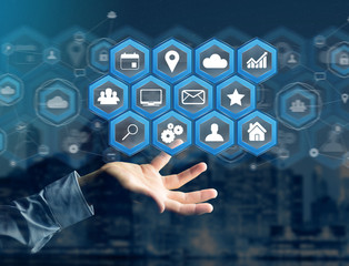 Application center displayed on a futuristic interface with technology icon - Worldwide business concept