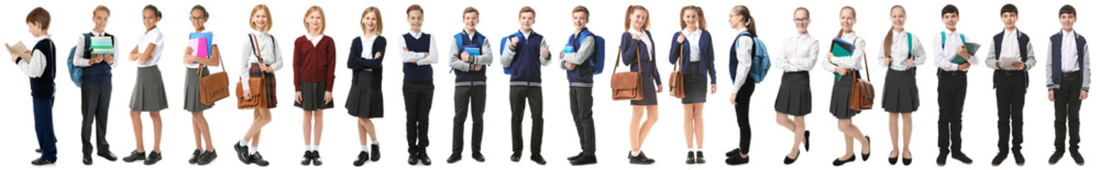 Collage of children in different school uniforms on white background - obrazy, fototapety, plakaty