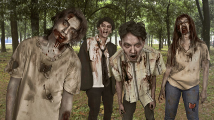 Portrait group of asian bloody zombies with wounded face