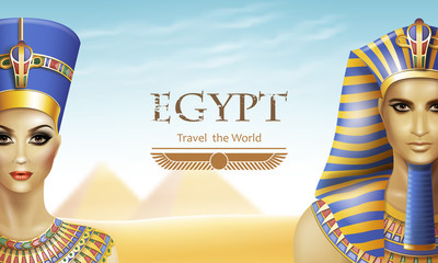 Background with queen Nefertiti and pharaoh Tutankhamen.