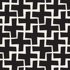 Obraz premium Vector Seamless Black And White Lines Pattern Abstract Background. Cross Shapes Geometric Tiling Ornament.