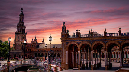 amazing view sunset from plaza de España located in Seville spain