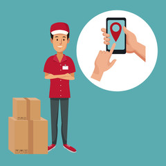 color background with man worker with packages fast delivery and icon smartphone location