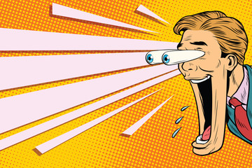 big eyes and wide open mouth, A man looks at something