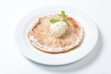 apple tart, flat apple pie with ice cream on the white background