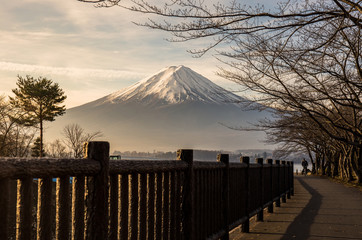 Mt.Fuji at Lake Kawaguchiko japan. autumn season in japan. Maple japan and mount fuji on blue sky.